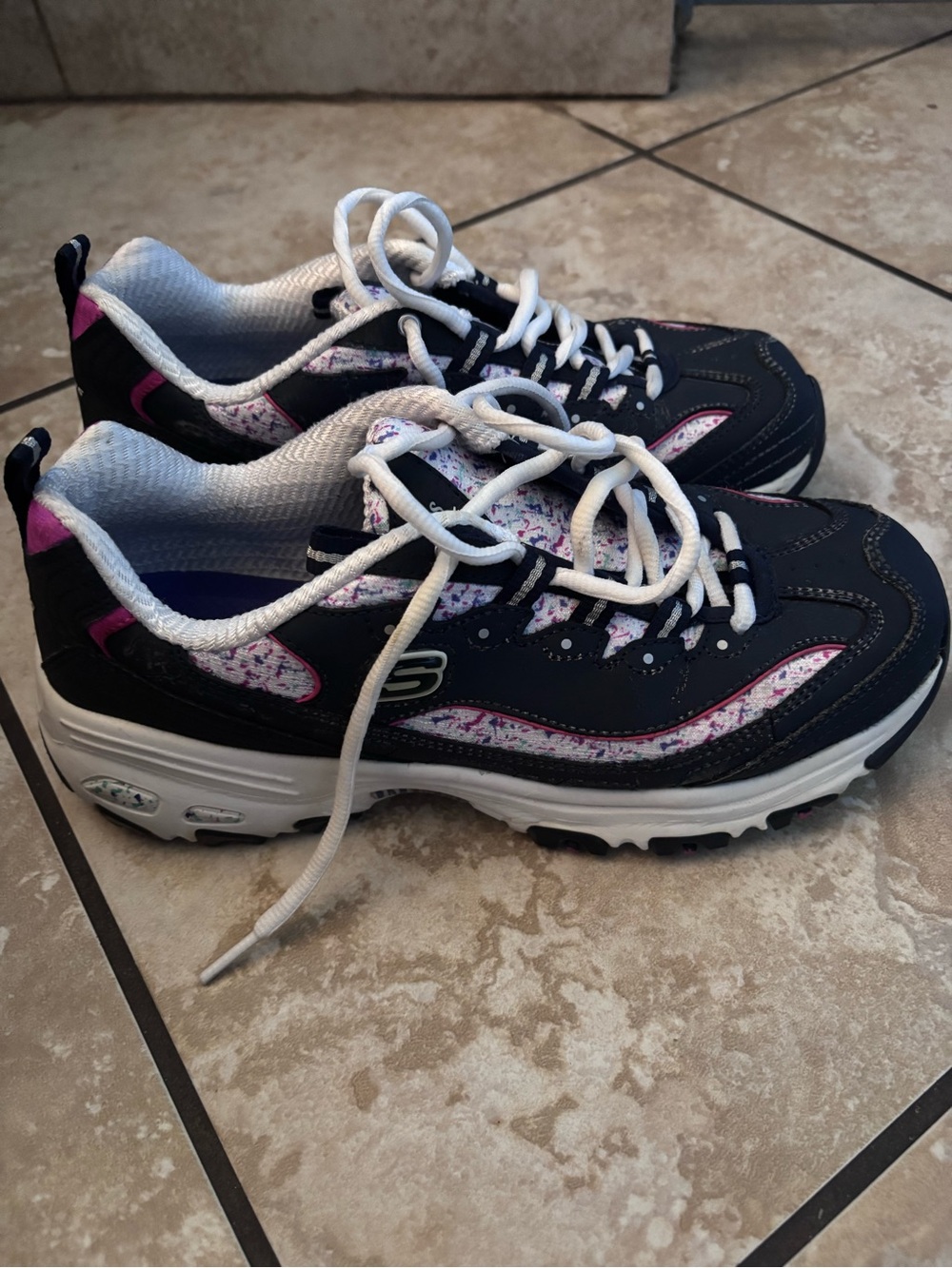 Navy and White Athletic Sneakers with Pink Accent - Picture 2 of 4